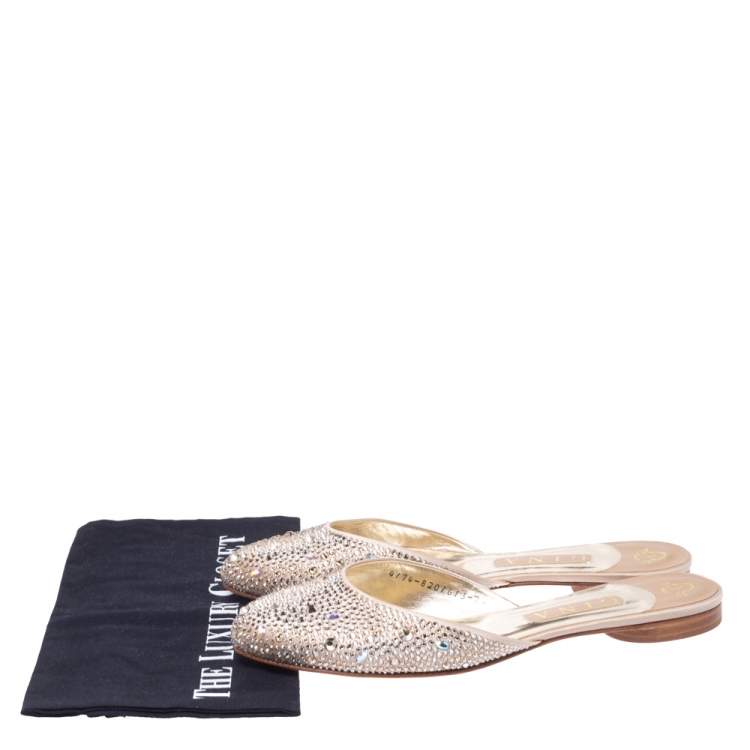 Pre Owned Gina Beige Satin Crystal Embellished Flat Mules Size 40.5