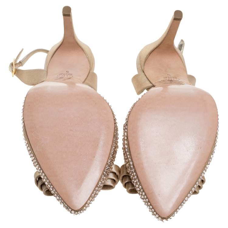 Pre Owned Gina Gold Satin Crystal Embellished Bow Slingback Sandals Size 38