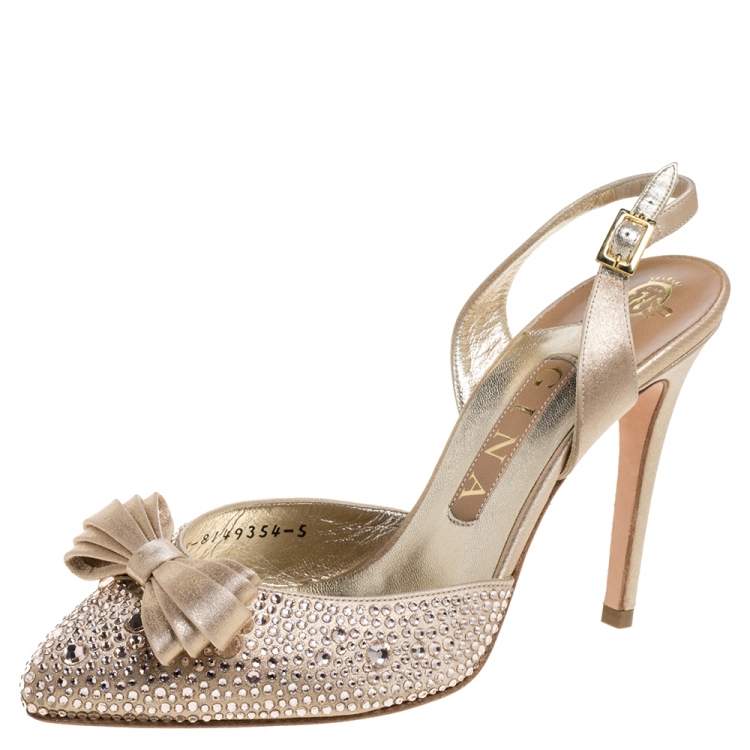 Pre Owned Gina Gold Satin Crystal Embellished Bow Slingback Sandals Size 38
