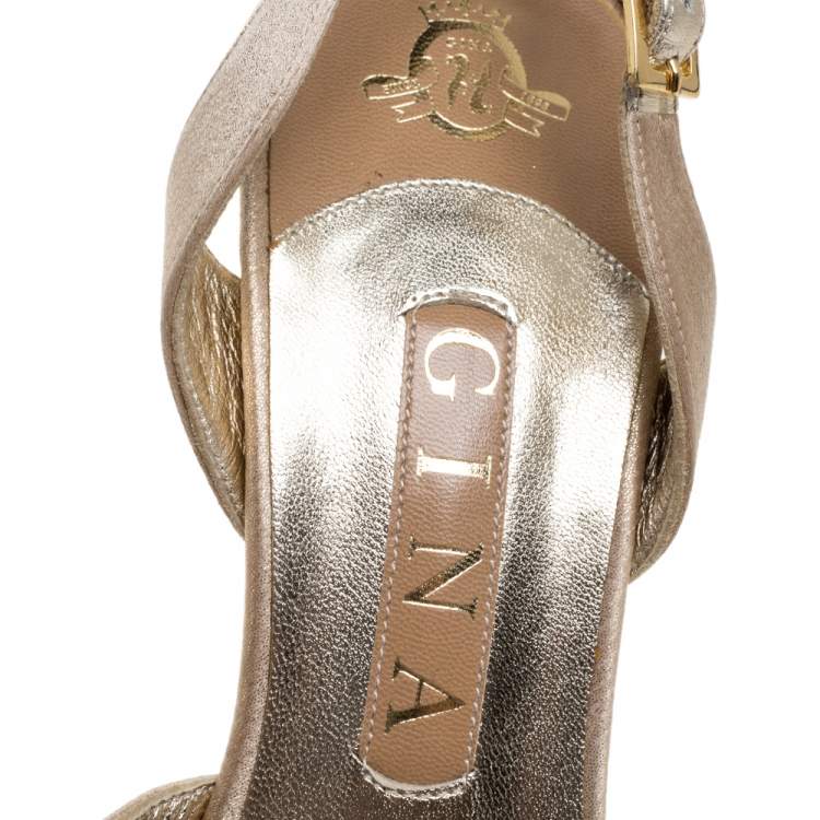 Pre Owned Gina Gold Satin Crystal Embellished Bow Slingback Sandals Size 38