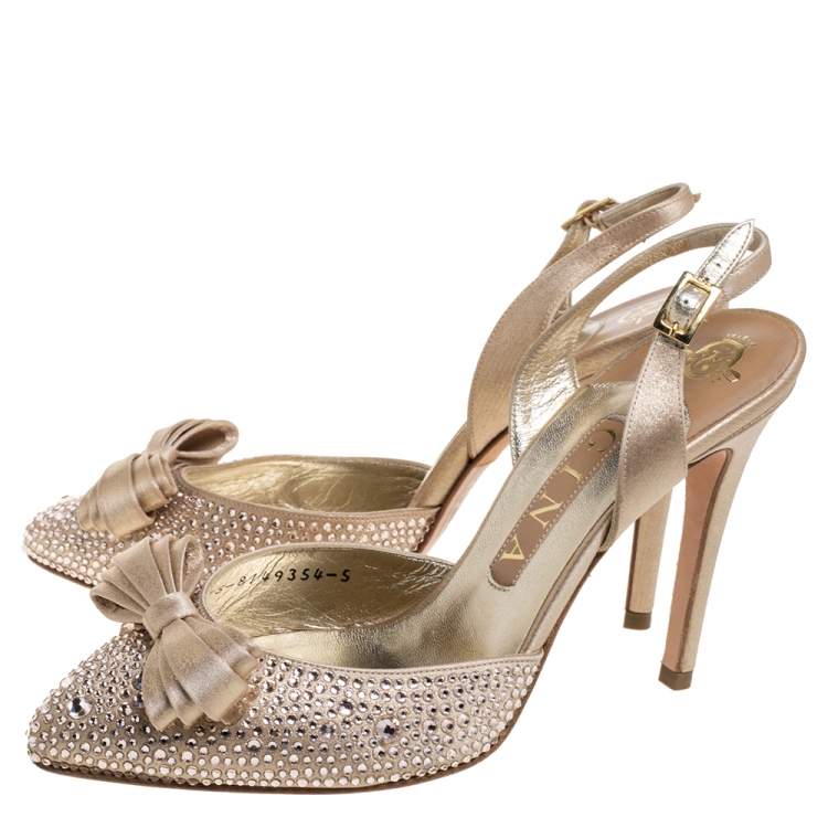 Pre Owned Gina Gold Satin Crystal Embellished Bow Slingback Sandals Size 38