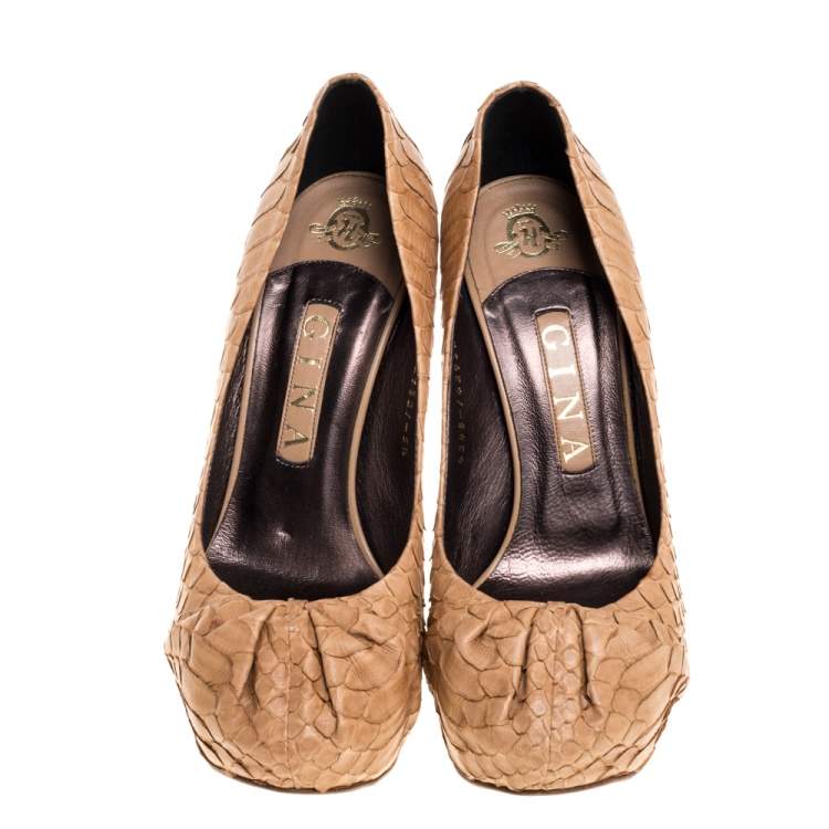 Pre Owned Gina Beige Python Elle Platform Pumps Size 38.5