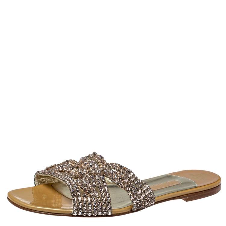 Pre Owned Gina Rose Crystal Embellished Patent Leather Athena Slide Flats Size 39