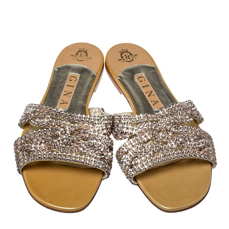 Pre Owned Gina Rose Crystal Embellished Patent Leather Athena Slide Flats Size 39