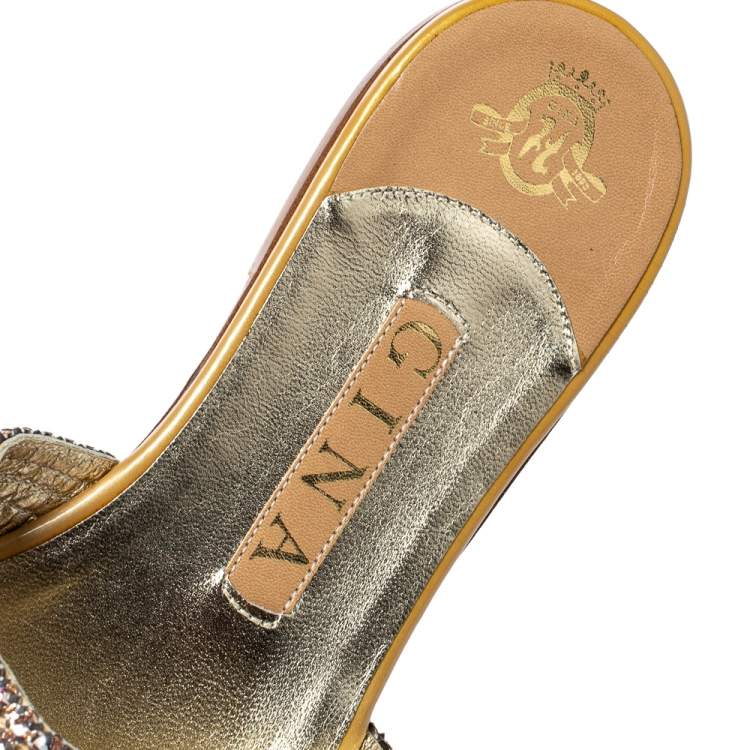 Pre Owned Gina Rose Crystal Embellished Patent Leather Athena Slide Flats Size 39