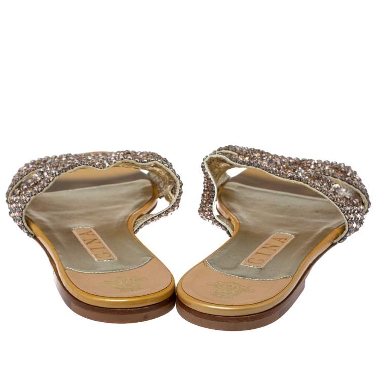 Pre Owned Gina Rose Crystal Embellished Patent Leather Athena Slide Flats Size 39