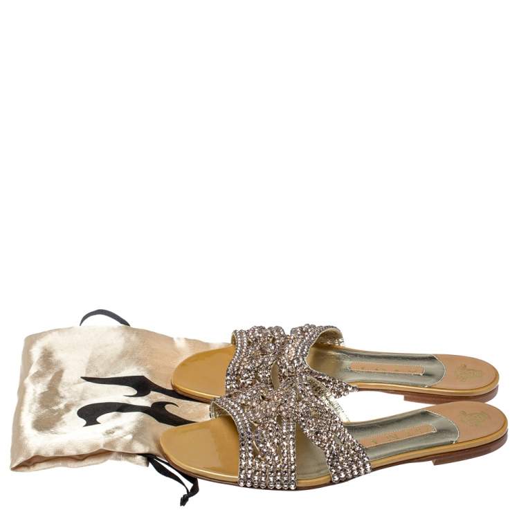 Pre Owned Gina Rose Crystal Embellished Patent Leather Athena Slide Flats Size 39