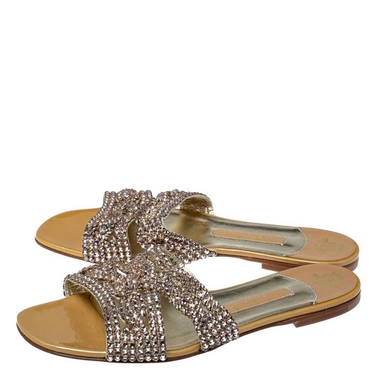 Pre Owned Gina Rose Crystal Embellished Patent Leather Athena Slide Flats Size 39