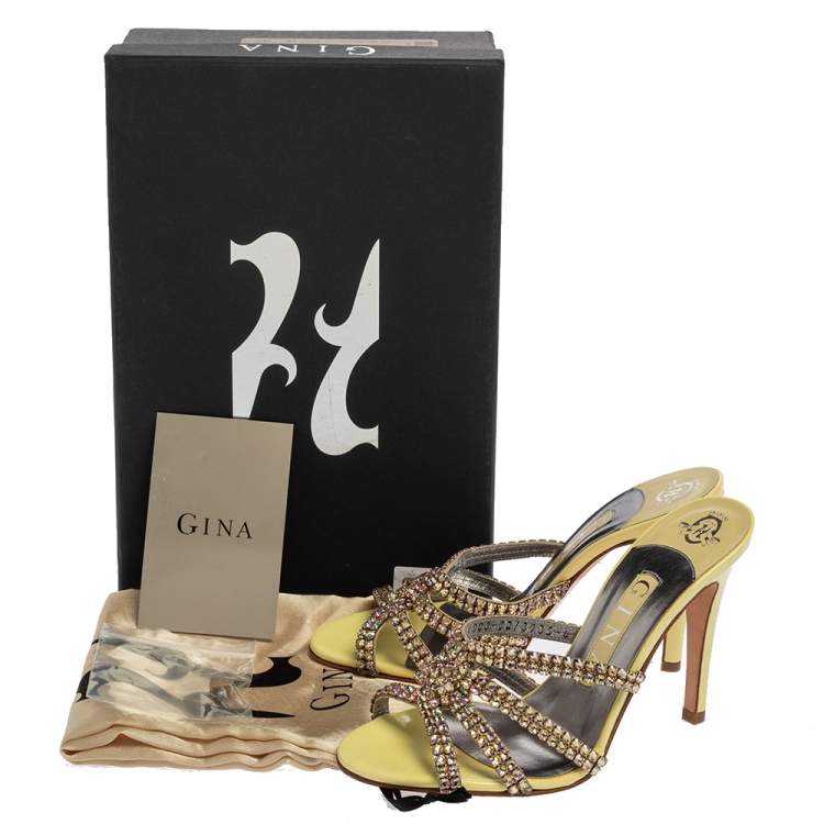 Pre Owned Gina Yellow Leather Crystal Embellished Slides Sandals Size 37