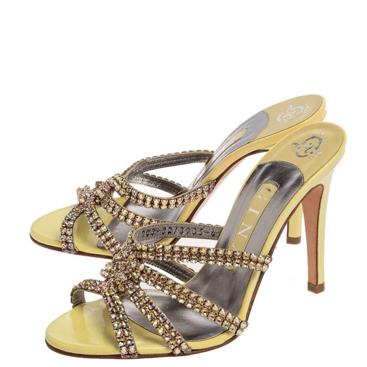 Pre Owned Gina Yellow Leather Crystal Embellished Slides Sandals Size 37