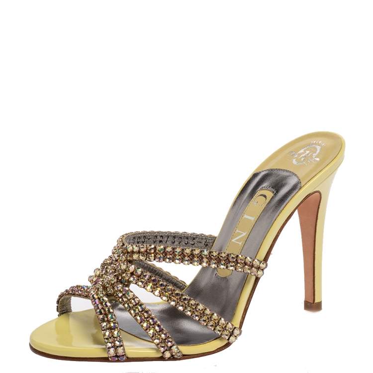 Pre Owned Gina Yellow Leather Crystal Embellished Slides Sandals Size 37