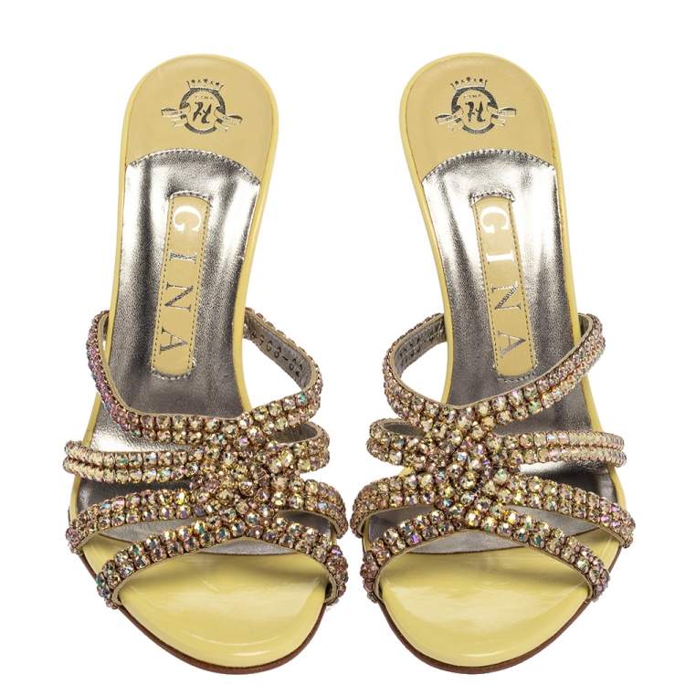 Pre Owned Gina Yellow Leather Crystal Embellished Slides Sandals Size 37