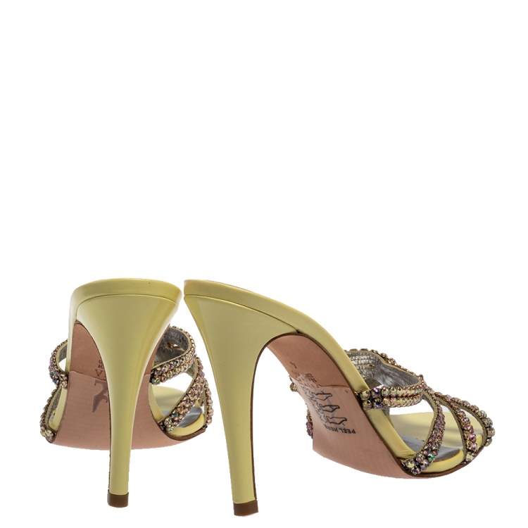 Pre Owned Gina Yellow Leather Crystal Embellished Slides Sandals Size 37