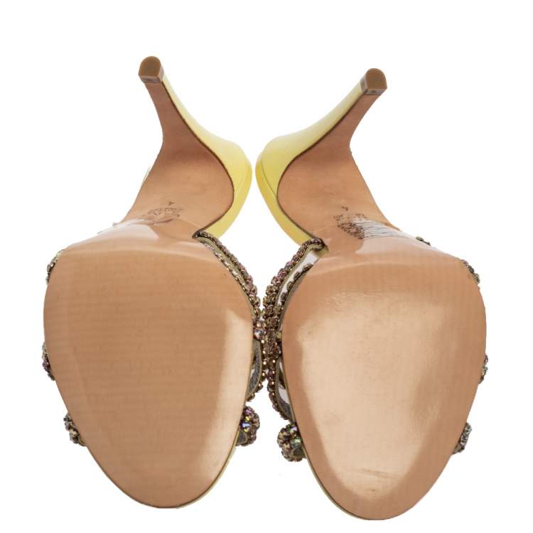 Pre Owned Gina Yellow Leather Crystal Embellished Slides Sandals Size 37