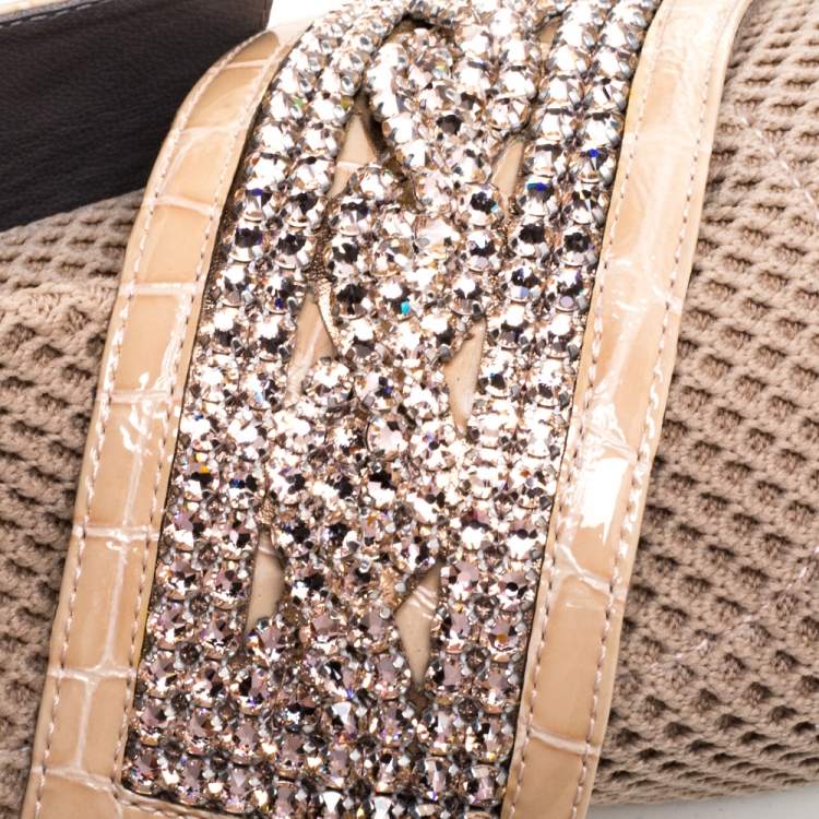 Pre Owned Gina Beige Knit Fabric And Patent Crystal Embellished Nyla Sneakers Size 38