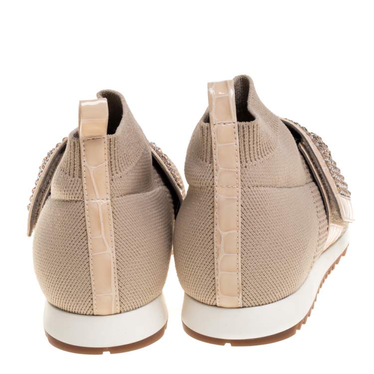 Pre Owned Gina Beige Knit Fabric And Patent Crystal Embellished Nyla Sneakers Size 38