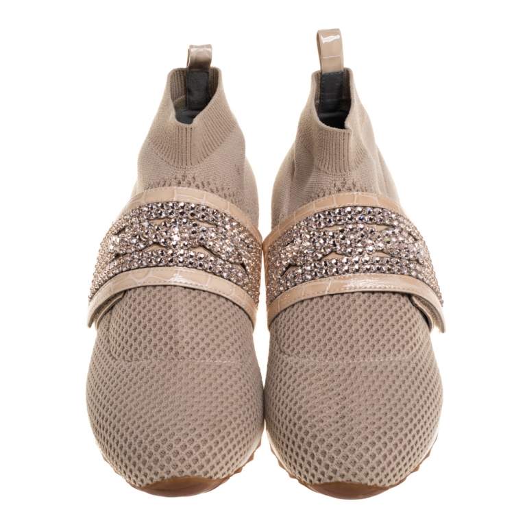 Pre Owned Gina Beige Knit Fabric And Patent Crystal Embellished Nyla Sneakers Size 38