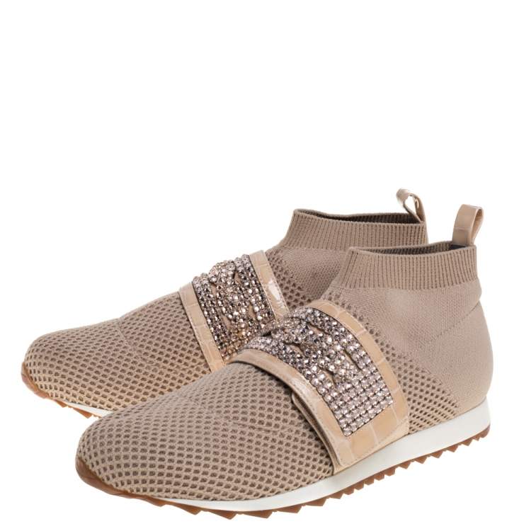 Pre Owned Gina Beige Knit Fabric And Patent Crystal Embellished Nyla Sneakers Size 38