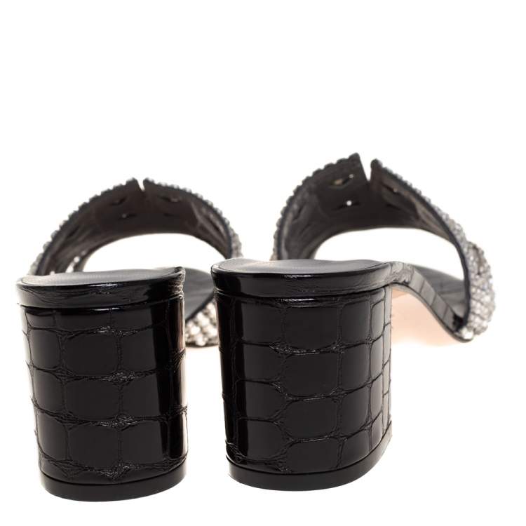 Pre Owned Gina Black Croc Embossed Patent Leather And Crystal Embellished Visage Slide Sandals Size 38.5