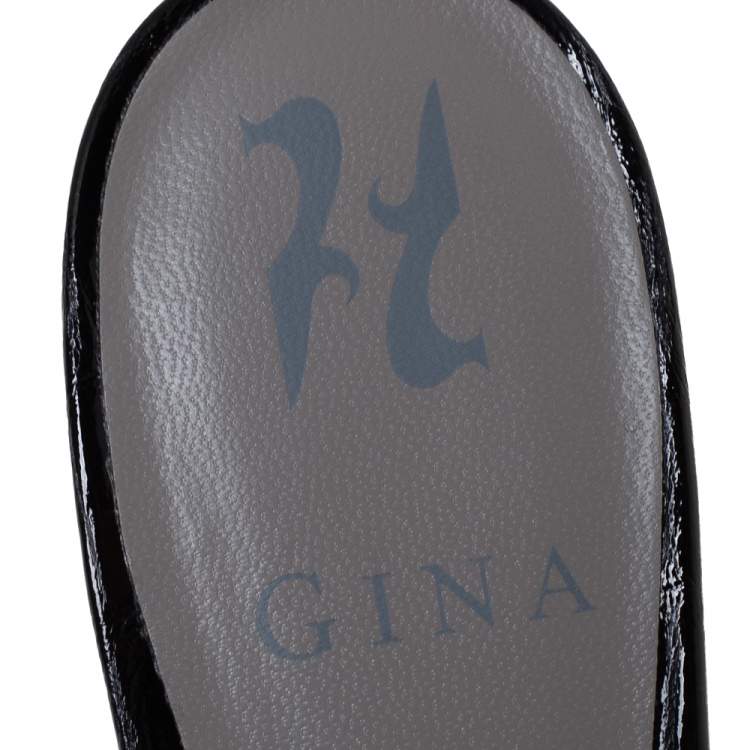 Pre Owned Gina Black Croc Embossed Patent Leather And Crystal Embellished Visage Slide Sandals Size 38.5