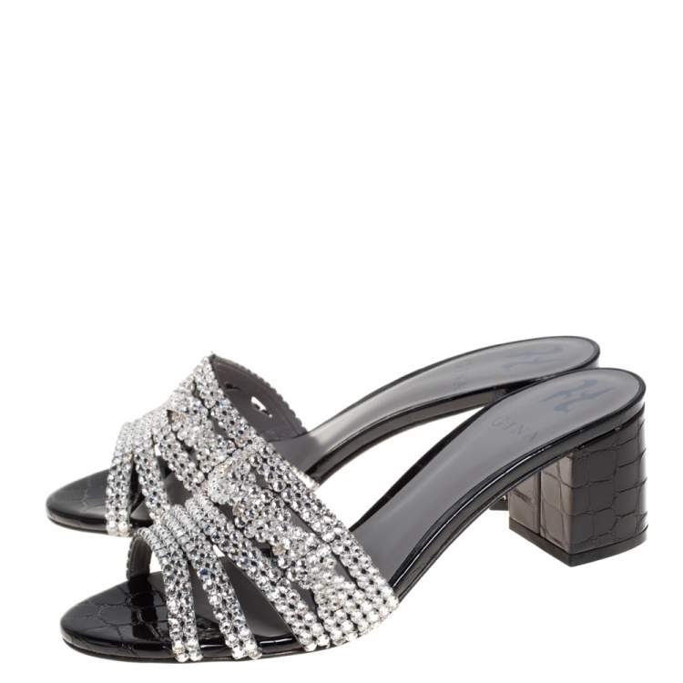 Pre Owned Gina Black Croc Embossed Patent Leather And Crystal Embellished Visage Slide Sandals Size 38.5