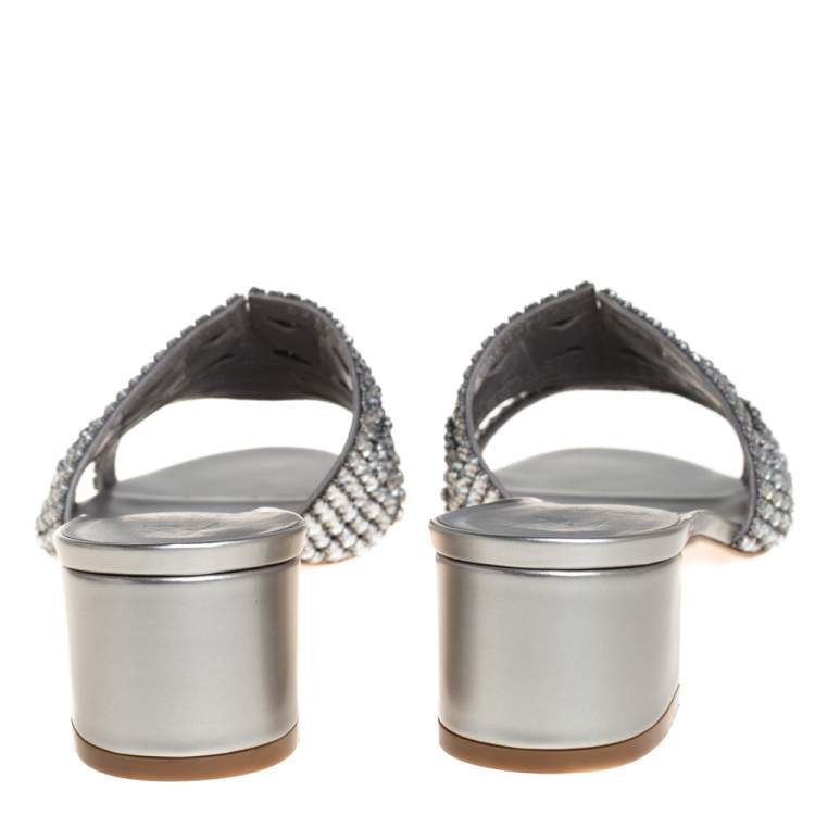 Pre Owned Gina Silver Leather and Crystal Embellished Rodeo Block Heel Slides Size 40.5