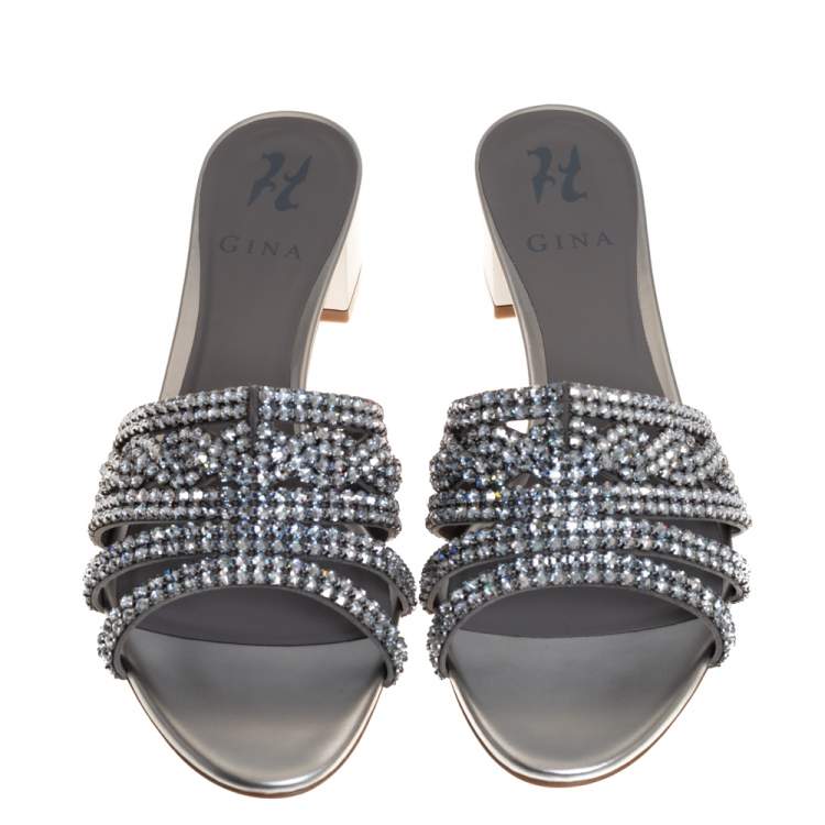 Pre Owned Gina Silver Leather and Crystal Embellished Rodeo Block Heel Slides Size 40.5