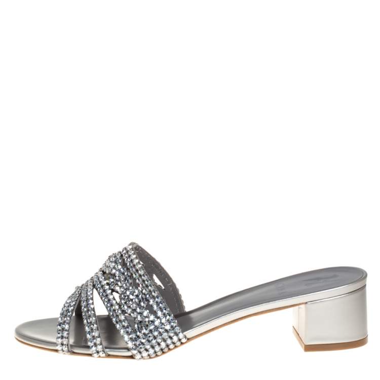 Pre Owned Gina Silver Leather and Crystal Embellished Rodeo Block Heel Slides Size 40.5