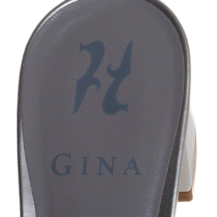 Pre Owned Gina Silver Leather and Crystal Embellished Rodeo Block Heel Slides Size 40.5