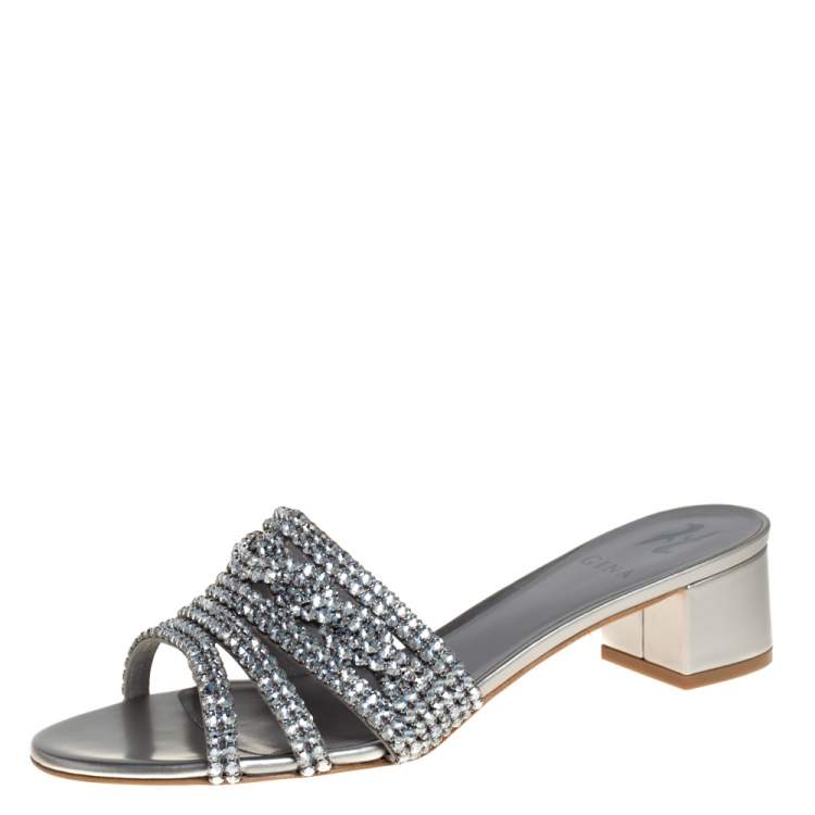 Gina Silver Leather and Crystal Embellished Rodeo Block Heel Slides ...