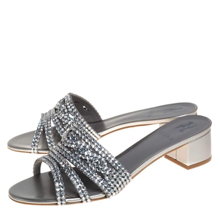 Pre Owned Gina Silver Leather and Crystal Embellished Rodeo Block Heel Slides Size 40.5
