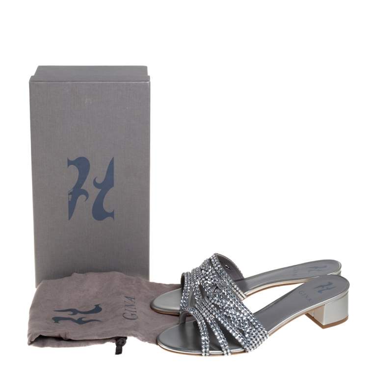 Pre Owned Gina Silver Leather and Crystal Embellished Rodeo Block Heel Slides Size 40.5