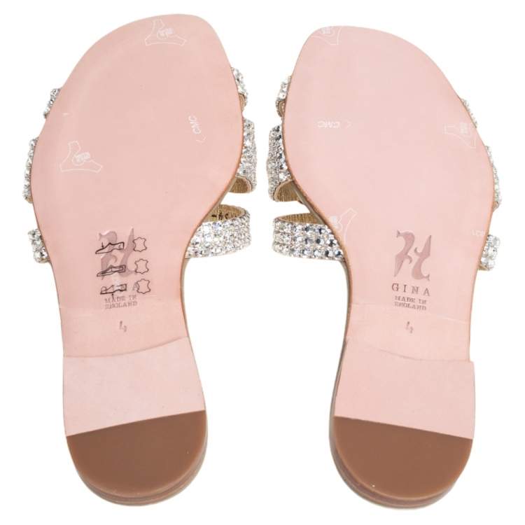 Pre Owned Gina  Grey Crystal Leather Orion Slide Sandals Size 37