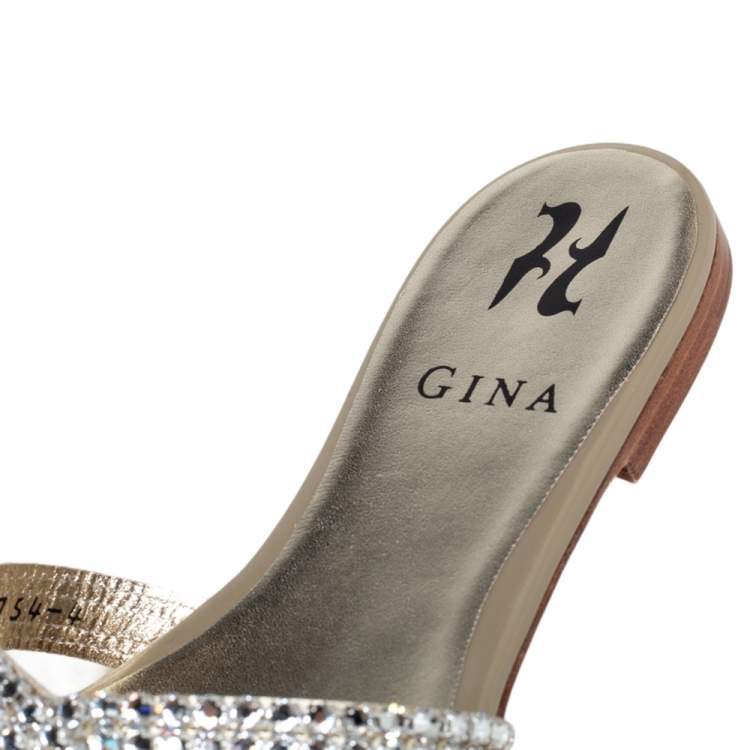 Pre Owned Gina  Grey Crystal Leather Orion Slide Sandals Size 37