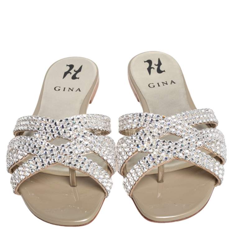 Pre Owned Gina  Grey Crystal Leather Orion Slide Sandals Size 37