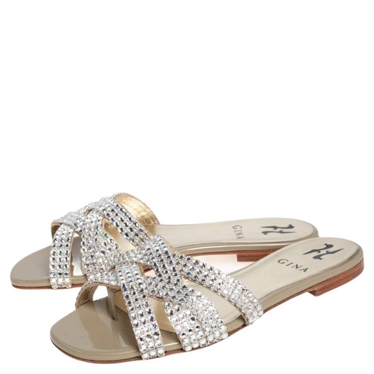 Pre Owned Gina  Grey Crystal Leather Orion Slide Sandals Size 37