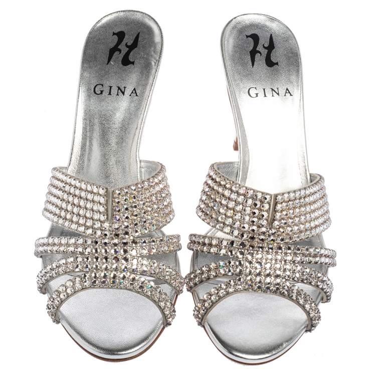 Pre Owned Gina Silver Leather Odile Embellished Slide Sandals Size 37