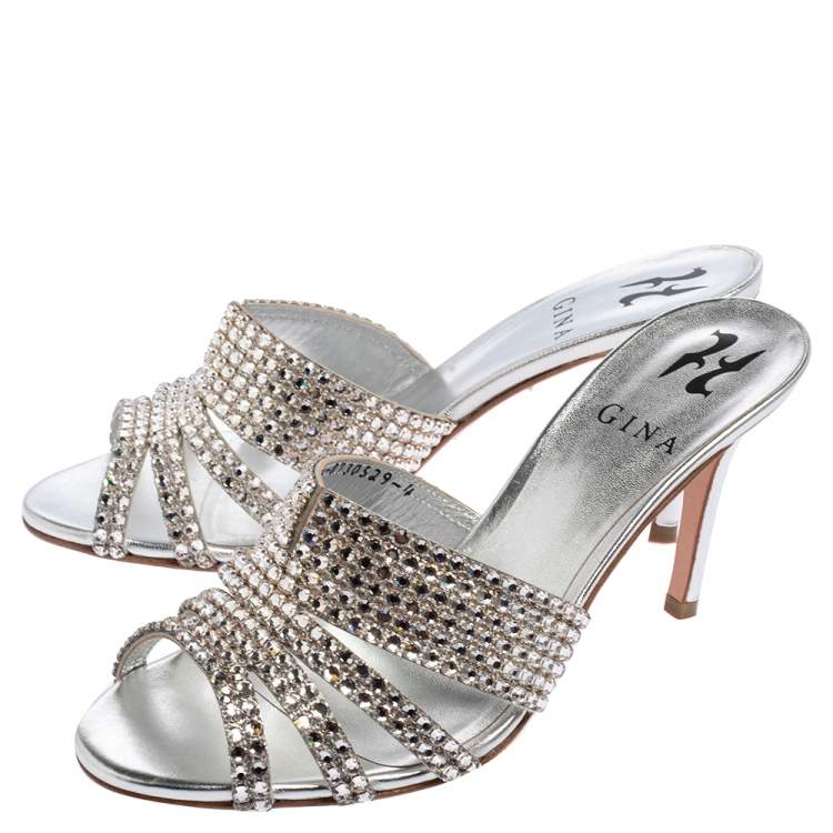Pre Owned Gina Silver Leather Odile Embellished Slide Sandals Size 37