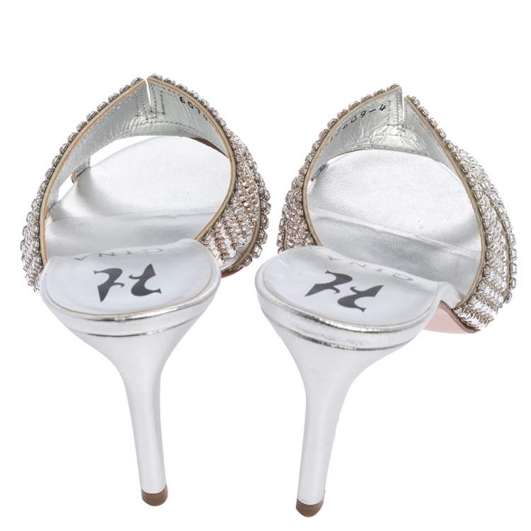 Pre Owned Gina Silver Leather Odile Embellished Slide Sandals Size 37