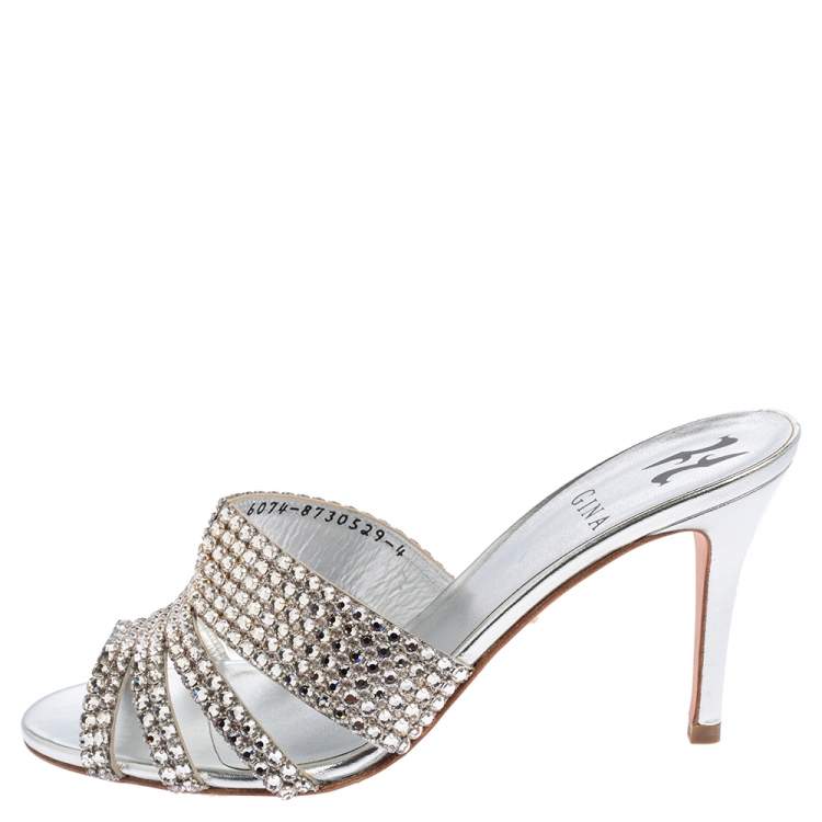 Pre Owned Gina Silver Leather Odile Embellished Slide Sandals Size 37
