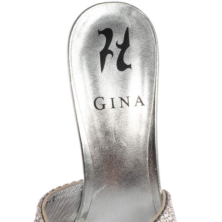 Pre Owned Gina Silver Leather Odile Embellished Slide Sandals Size 37