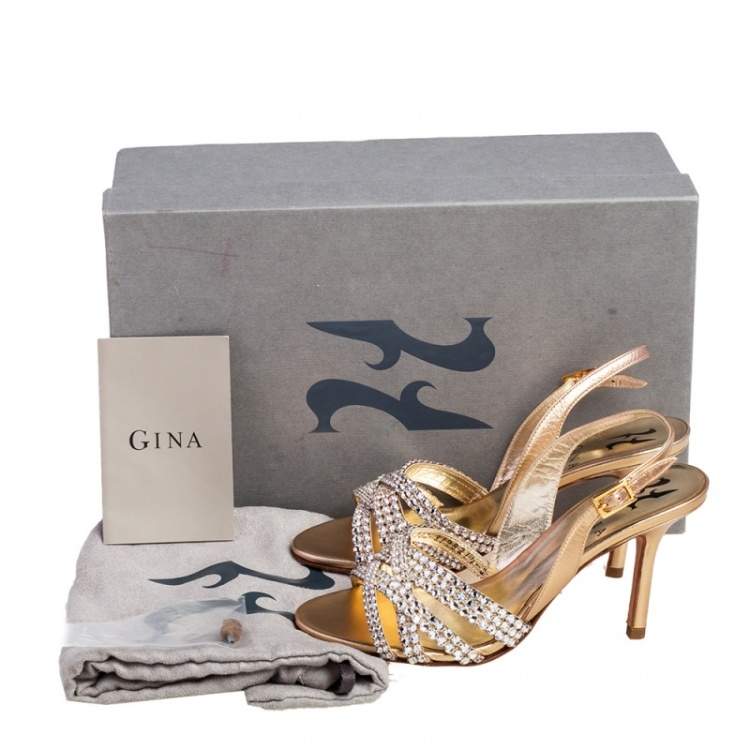 Pre Owned Gina Metallic Gold Leather Maggie Crystal Embellished Slingback Sandals Size 35