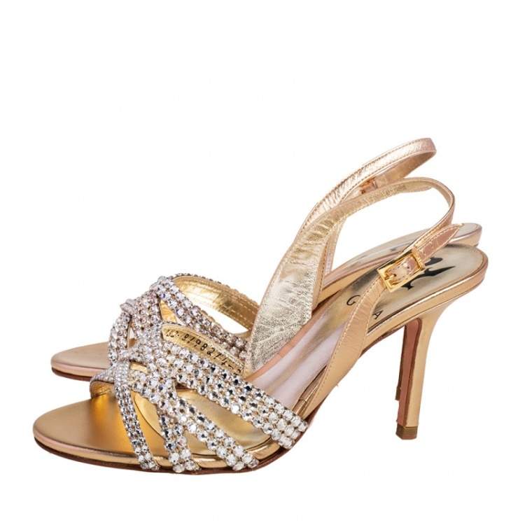 Pre Owned Gina Metallic Gold Leather Maggie Crystal Embellished Slingback Sandals Size 35