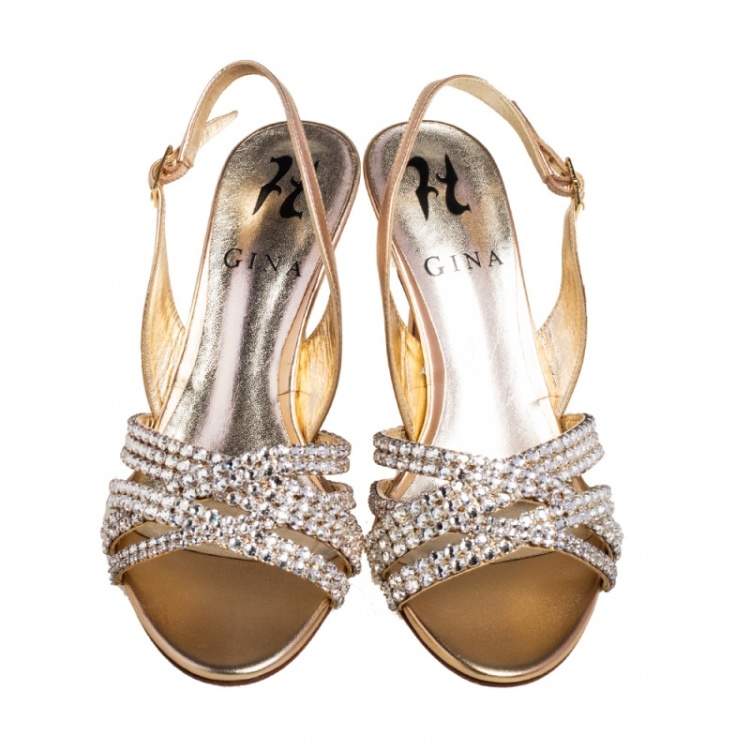 Pre Owned Gina Metallic Gold Leather Maggie Crystal Embellished Slingback Sandals Size 35