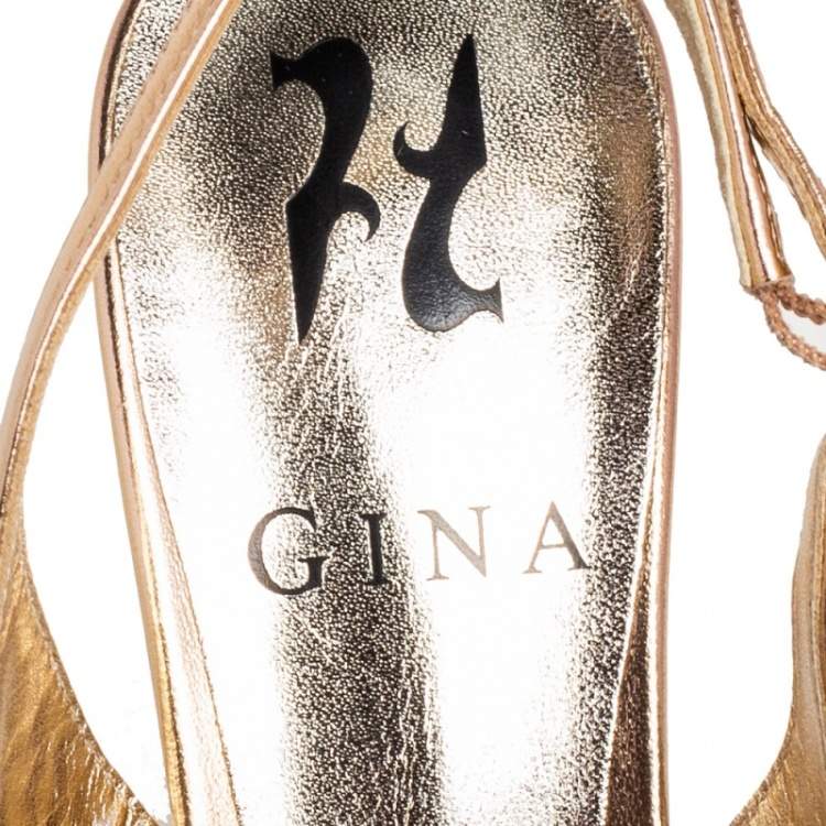 Pre Owned Gina Metallic Gold Leather Maggie Crystal Embellished Slingback Sandals Size 35