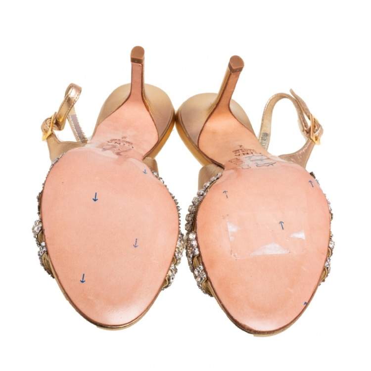 Pre Owned Gina Metallic Gold Leather Maggie Crystal Embellished Slingback Sandals Size 35