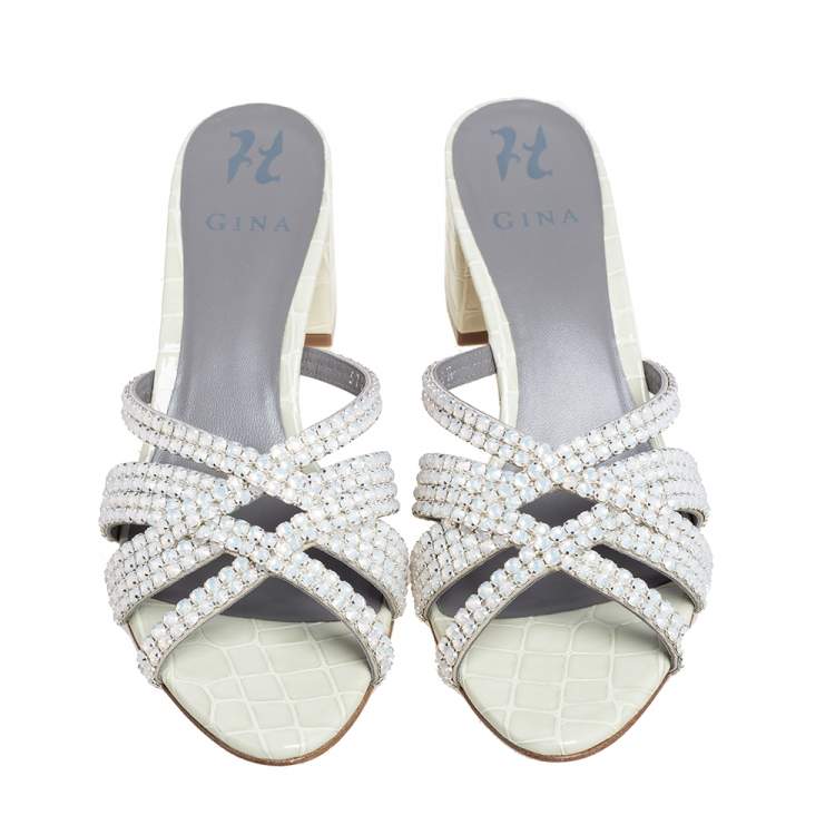 Pre Owned Gina Pale Green Croc Embossed Leather Dexie Slide Sandals Size 39.5