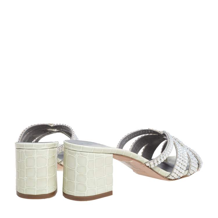 Pre Owned Gina Pale Green Croc Embossed Leather Dexie Slide Sandals Size 39.5