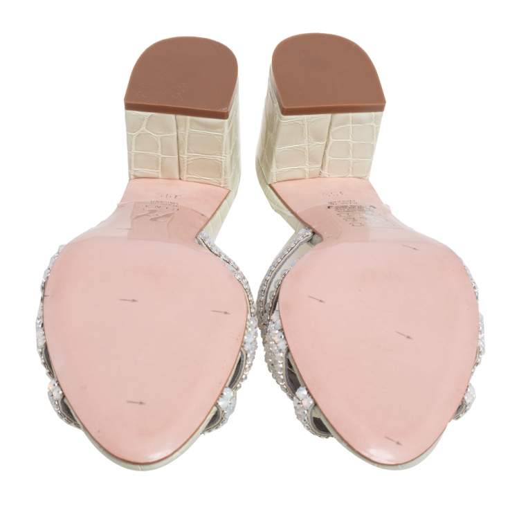 Pre Owned Gina Pale Green Croc Embossed Leather Dexie Slide Sandals Size 39.5