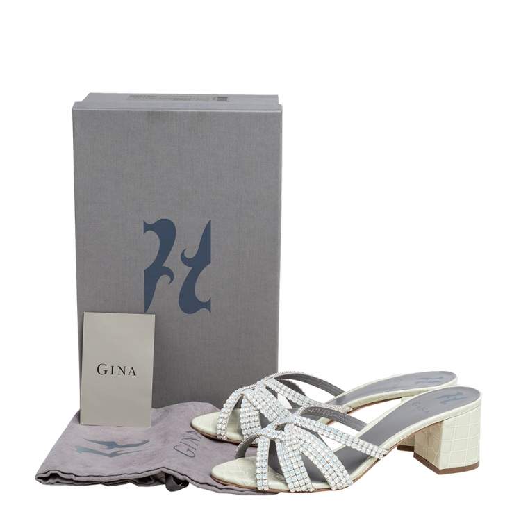 Pre Owned Gina Pale Green Croc Embossed Leather Dexie Slide Sandals Size 39.5